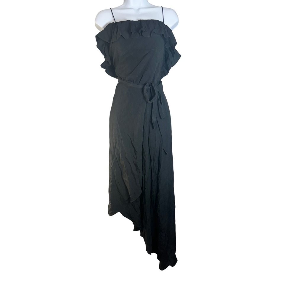 & Other Stories Black Ruffle Spaghetti Strap Asymmetrical Midi Dress Size 8